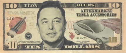 Elon on a 10 NOTE aftermarket coupon sticker