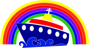 hawaiian islands cruise ship sailing under a rainbow sticker